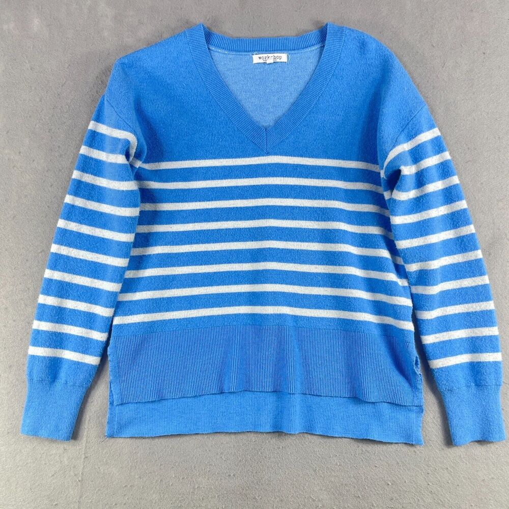 Workshop Republic Clothing V‎ Neck Sweater Womens S Blue White Stripes Side Slit